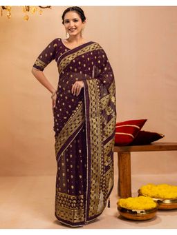 SATRANI - Women Wine Georgette Saree With Unstitched Blouse