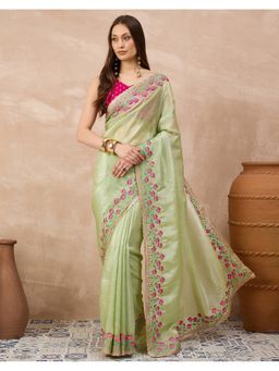 SATRANI - Women Pista Green Sequins Embroidery Silk Saree With Unstitched Blouse