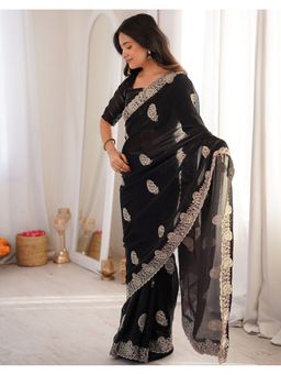 SATRANI - Women Black Sequins Embroidery Tissue Silk Saree With Unstitched Blouse