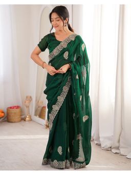SATRANI - Women Green Sequins Embroidery Tissue Silk Saree With Unstitched Blouse