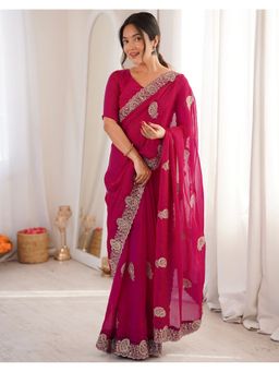 SATRANI - Women Rani Pink Sequins Embroidery Tissue Silk Saree With Unstitched Blouse