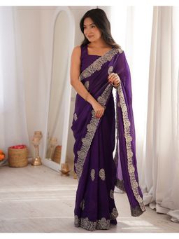 SATRANI - Women Purple Sequins Embroidery Tissue Silk Saree With Unstitched Blouse