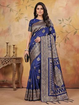 Anaita - Women Navy Blue Silk Blend Woven Saree with Unstitched Blouse