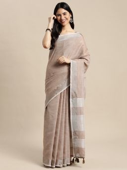 Anaita - Beige Linen Blend Woven Saree with Unstitched Blouse