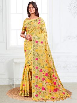 Anaita - Women Yellow Linen Blend Floral Saree with Unstitched Blouse