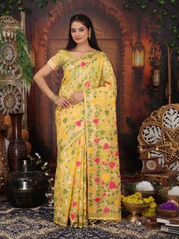 Anaita - Yellow Women Linen Blend Floral Saree with Unstitched Blouse
