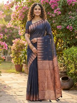 Anaita - Navy Blue Linen Blend Woven Saree with Unstitched Blouse
