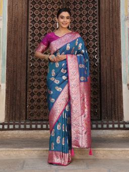 Anaita - Women Blue Silk Woven Saree with Unstitched Blouse