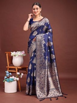 Anaita - Navy Blue Banarasi Woven Saree with Unstitched Blouse