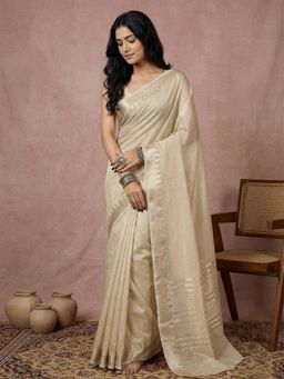 Anaita - Cream Women Cotton Woven Saree with Unstitched Blouse