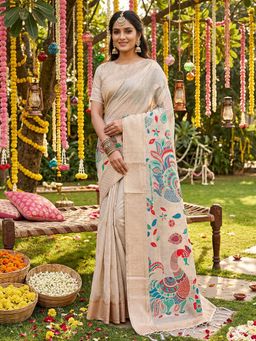 Anaita - Cream Linen Blend Woven Saree with Unstitched Blouse