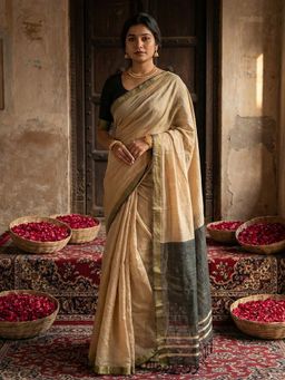 Anaita - Cream Cotton Woven Saree with Unstitched Blouse