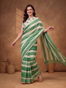 Jaipur Kurti - Green Linen Blend Stripes Saree Without Unstitched Blouse