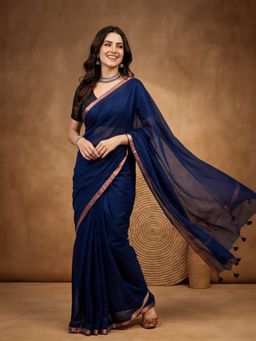 Jaipur Kurti - Women Navy Blue Pure Cotton Solid Saree Without Unstitched Blouse