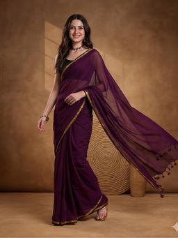 Jaipur Kurti - Wine Pure Cotton Solid Saree Without Unstitched Blouse