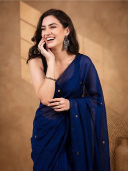 Jaipur Kurti - Women'S Navy Blue Pure Cotton Solid Saree Without Unstitched Blouse