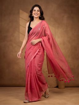 Jaipur Kurti - Pink Pure Cotton Solid Saree Without Unstitched Blouse