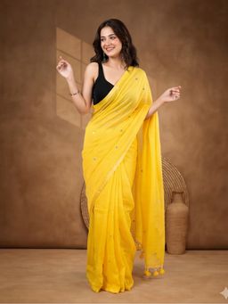 Jaipur Kurti - Yellow Pure Cotton Solid Saree Without Unstitched Blouse