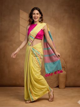 Jaipur Kurti - Blue Linen Stripes Saree Without Unstitched Blouse
