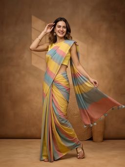Jaipur Kurti - Green Linen Stripes Saree Without Unstitched Blouse