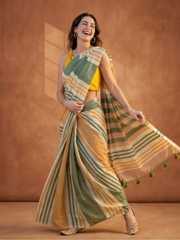 Jaipur Kurti - Yellow Linen Stripes Saree Without Unstitched Blouse