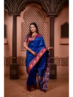 Suha - Soft Silk Pathani with Zari Border Blue Saree with Unstitched Blouse