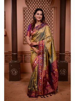 Suha - Pathani with Zari Border Olive Saree with Unstitched Blouse