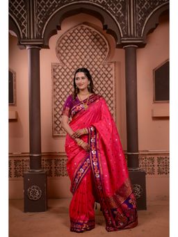 Suha - Soft Silk Pathani with Zari Border Pink Saree with Unstitched Blouse