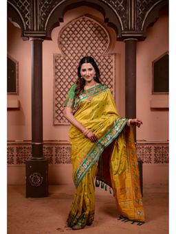 Suha - Yellow Pathani with Zari Border Saree with Unstitched Blouse
