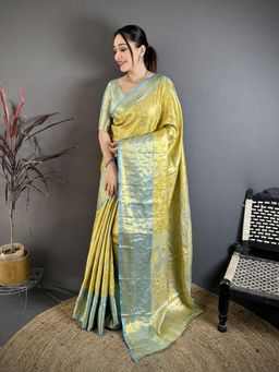 Suha - Women Kanjivaram Yellow Semi Silk Saree with Unstitched Blouse