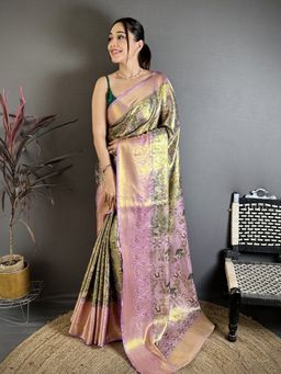Suha - Olive Kanjivaram Semi Silk Saree with Unstitched Blouse