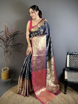 Suha - Navy Blue Kanjivaram Semi Silk Saree with Unstitched Blouse