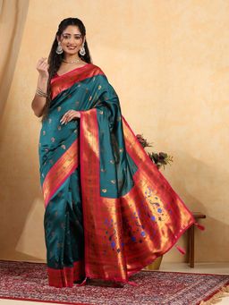 Garden VARELI - Teal Silk Blend Woven Saree with Unstitched Blouse