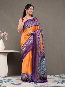 Garden VARELI - Orange Satin Printed Saree with Unstitched Blouse