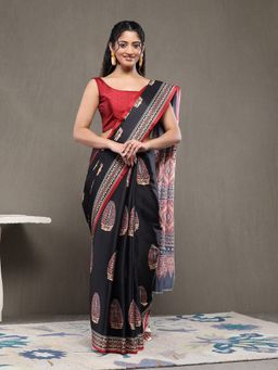 Garden VARELI - Women Black Satin Printed Saree with Unstitched Blouse