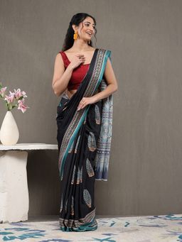 Garden VARELI - Black Satin Printed Saree with Unstitched Blouse
