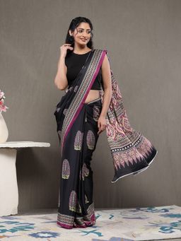 Garden VARELI - Women Black Satin Printed Saree with Unstitched Blouse