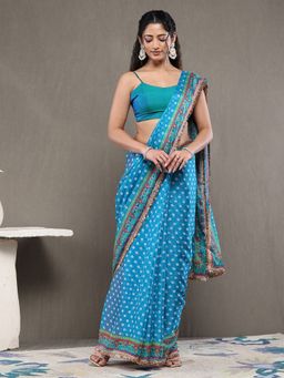 Garden VARELI - Blue Chiffon Floral Saree with Unstitched Blouse