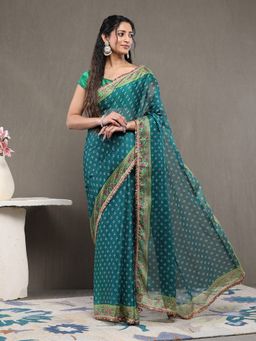 Garden VARELI - Green Chiffon Floral Saree with Unstitched Blouse