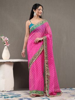 Garden VARELI - Pink Chiffon Floral Saree with Unstitched Blouse