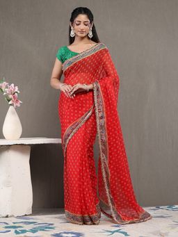 Garden VARELI - Red Chiffon Floral Saree with Unstitched Blouse