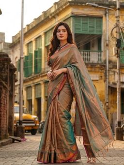 AAKAR - Rama Green Handloom Cotton Tissue Saree with Unstitched Blouse