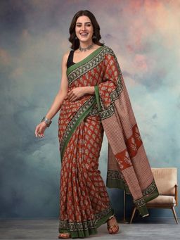 Jaipur Kurti - Red Women Cotton Floral Saree Without Unstitched Blouse