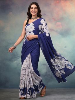 Jaipur Kurti - Navy Blue Women Cotton Floral Saree Without Unstitched Blouse