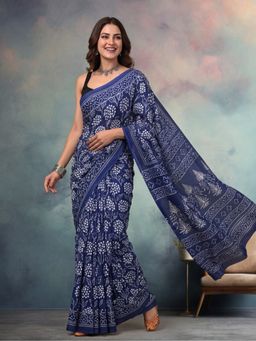 Jaipur Kurti - Navy Blue Pure Cotton Floral Saree Without Unstitched Blouse