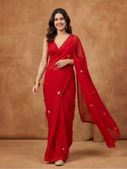 Jaipur Kurti - Red Georgette Floral Saree Without Unstitched Blouse