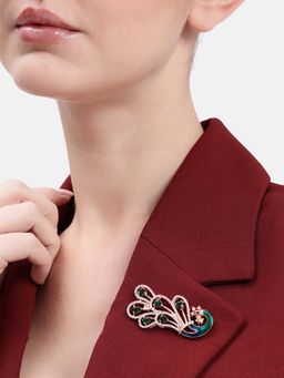 Estele - Emerald Green Cz Crystal Studded Peacock Brooch Pin