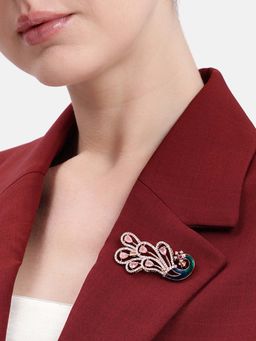 Estele - Mint Pink and White Cz Designer Peacock Rosegold Brooch Pin