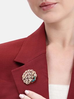 Estele - Classic Gold Finish White Cz Peacock Feather Brooch Pin