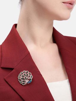 Estele - Crystal Accented Green Cz Peacock Rosegold Brooch Pin